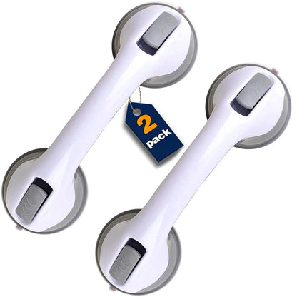 Two white grab bars with suction cups and a '2 pack' tag on a white background


