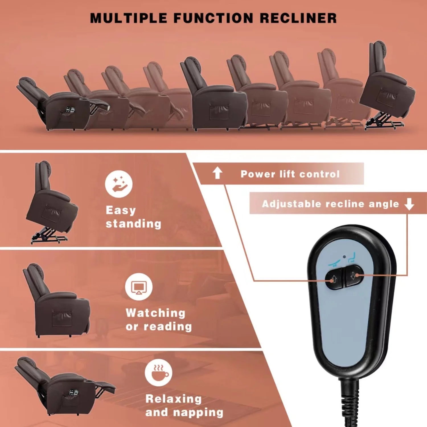 Multiple function recliner with power lift control and adjustable recline angle on a brown background.