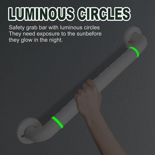 Safety grab bar with luminous circles on a dark background