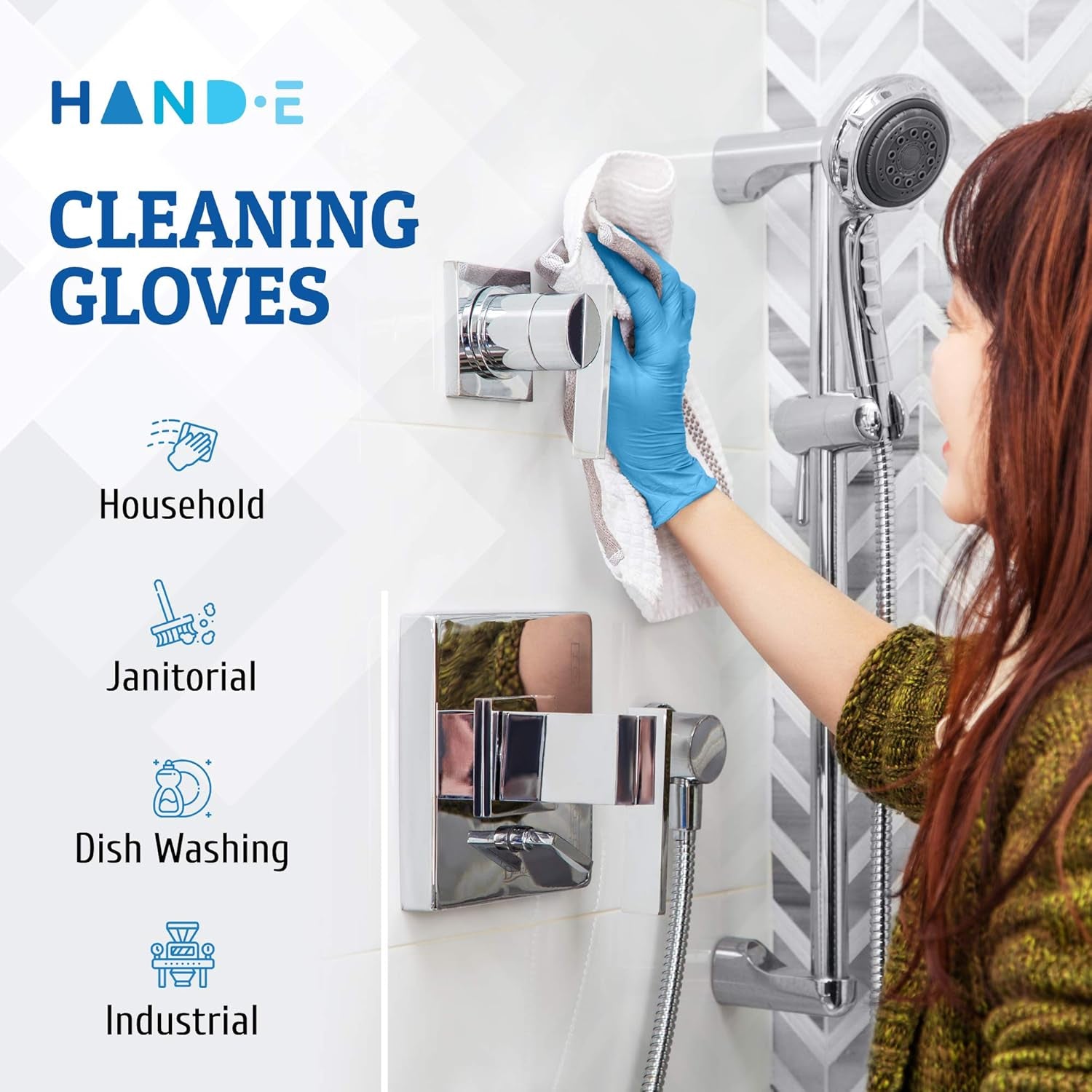 Hands wearing Hand-E Touch black nitrile gloves. Ideal for medical exams, food prep, and cleaning tasks.