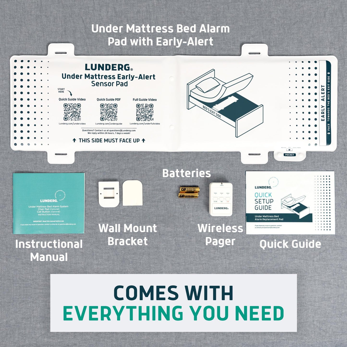 Lunderg Under Mattress Bed Alarm Kit with components on a gray background