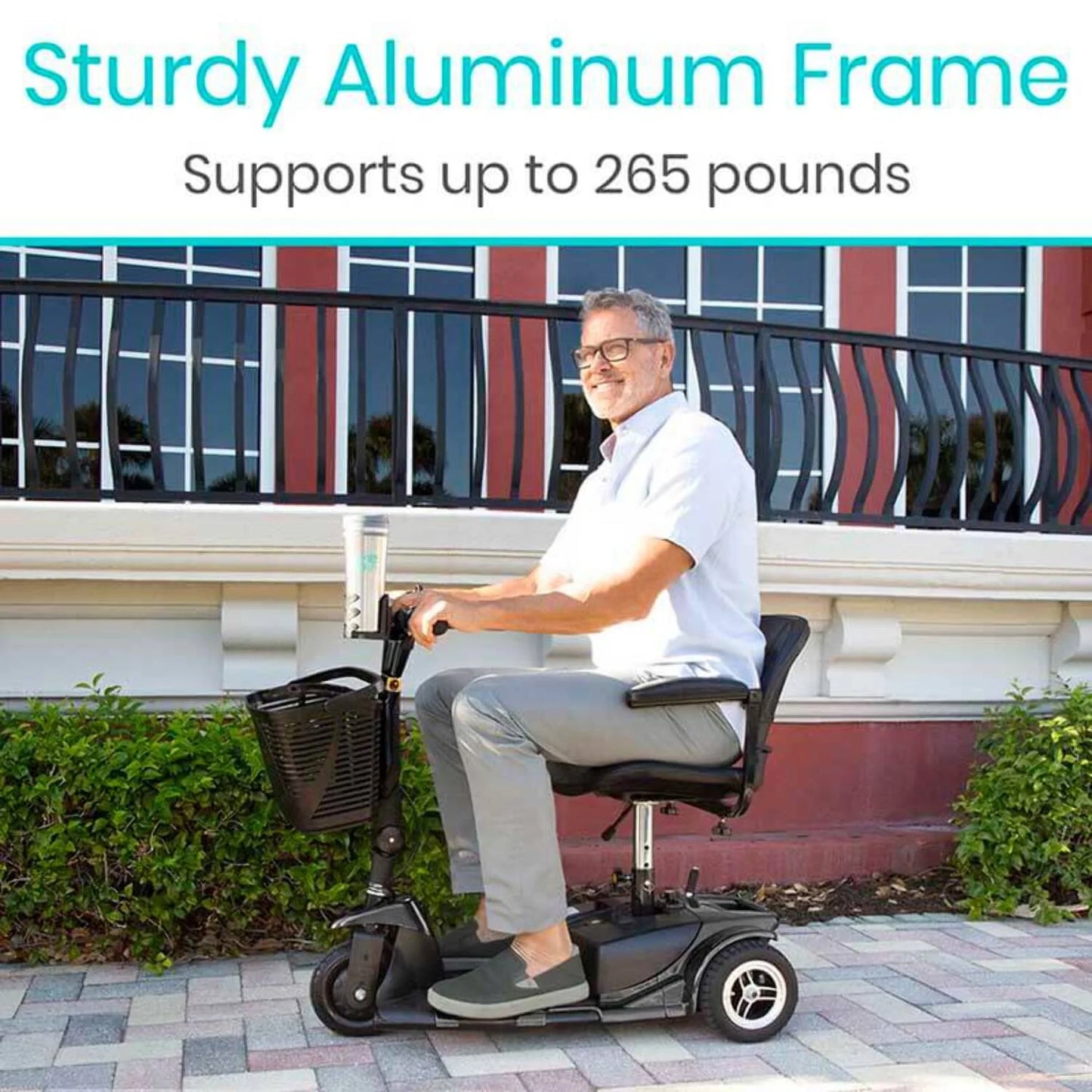 Man sitting on a mobility scooter with text about a sturdy aluminum frame capacity.