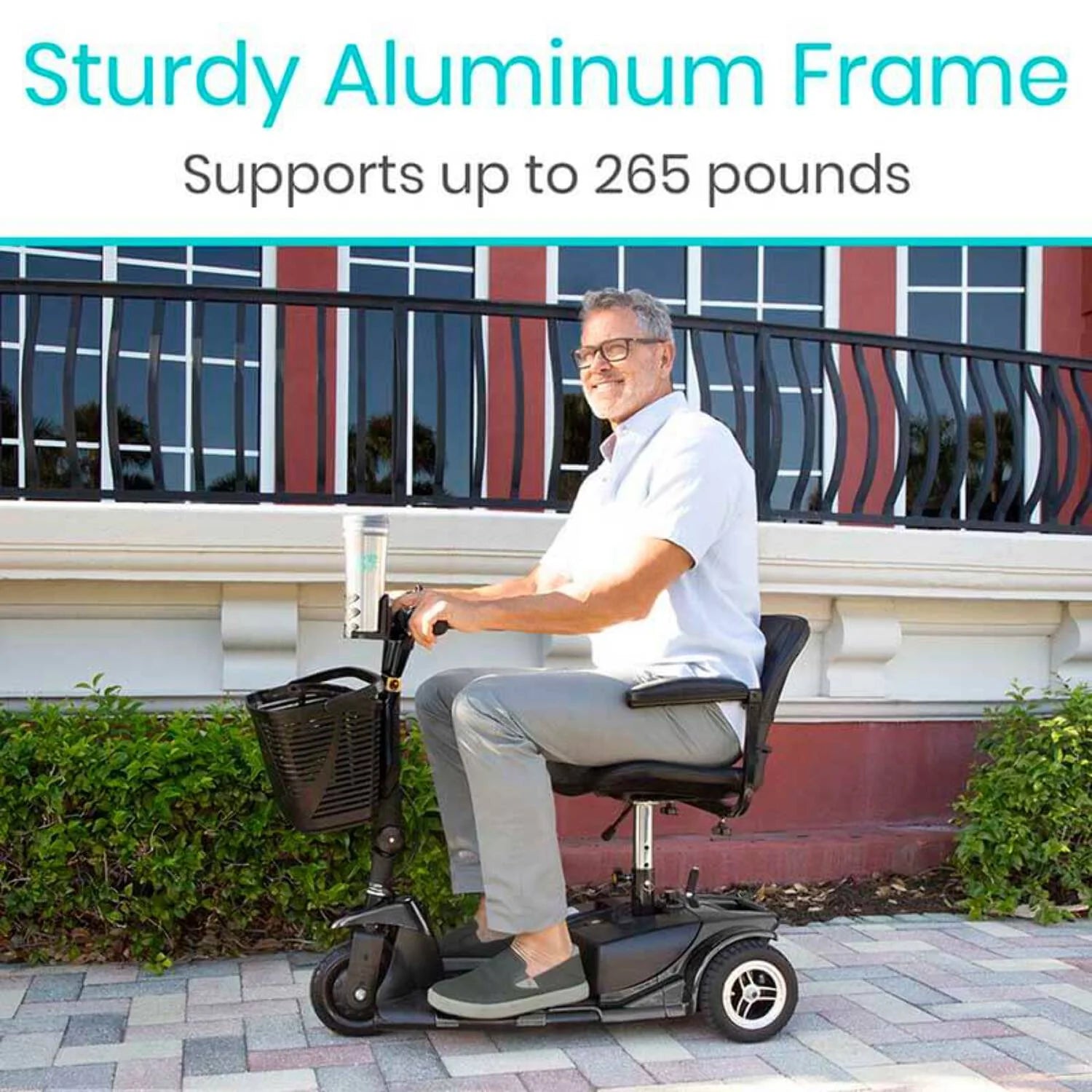 Man sitting on a mobility scooter with text about a sturdy aluminum frame capacity.