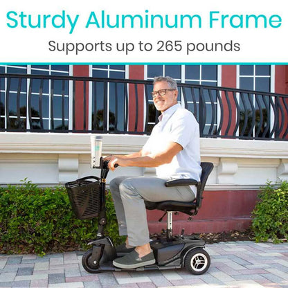 Man sitting on a mobility scooter with text about a sturdy aluminum frame capacity.