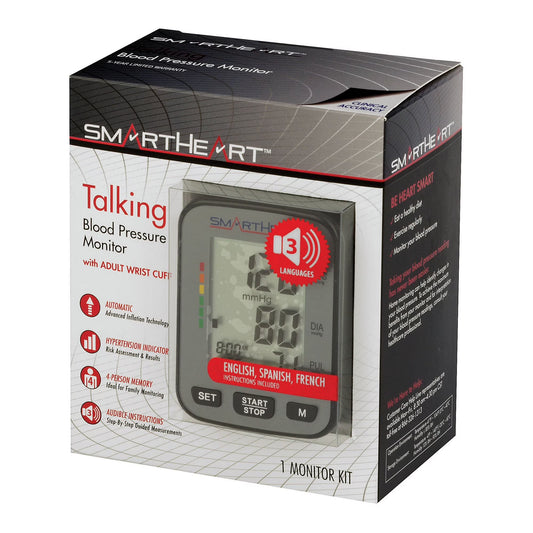 SmartHeart blood pressure monitor packaging with digital display on a white background