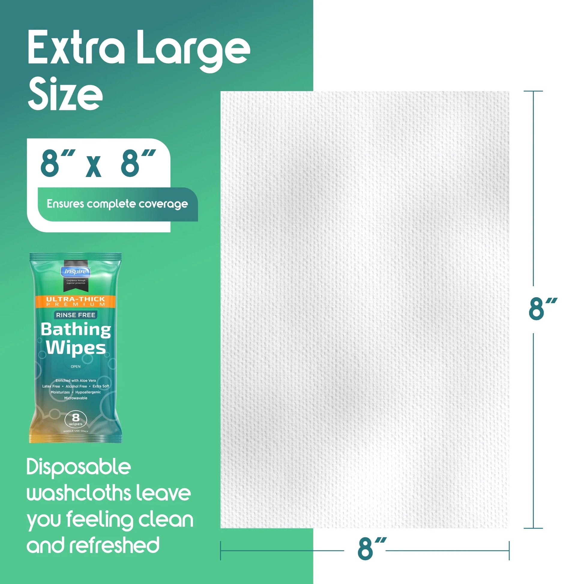 Bathing wipes packaging with dimensions and text on a green background