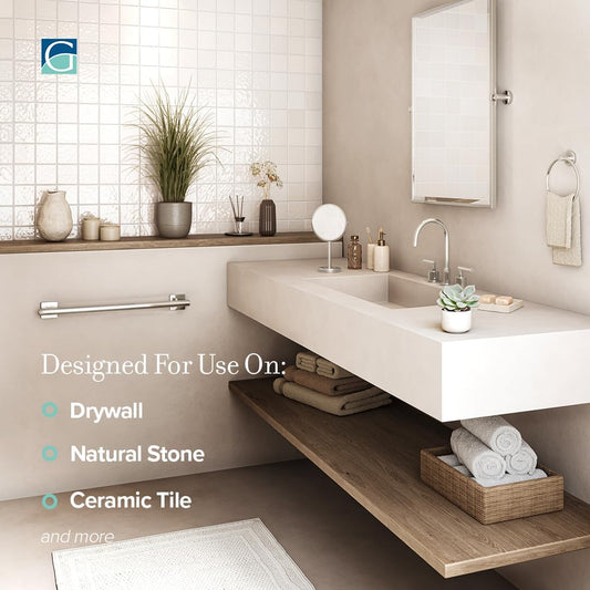 Modern bathroom interior with a sink and shelves, featuring text about material compatibility.