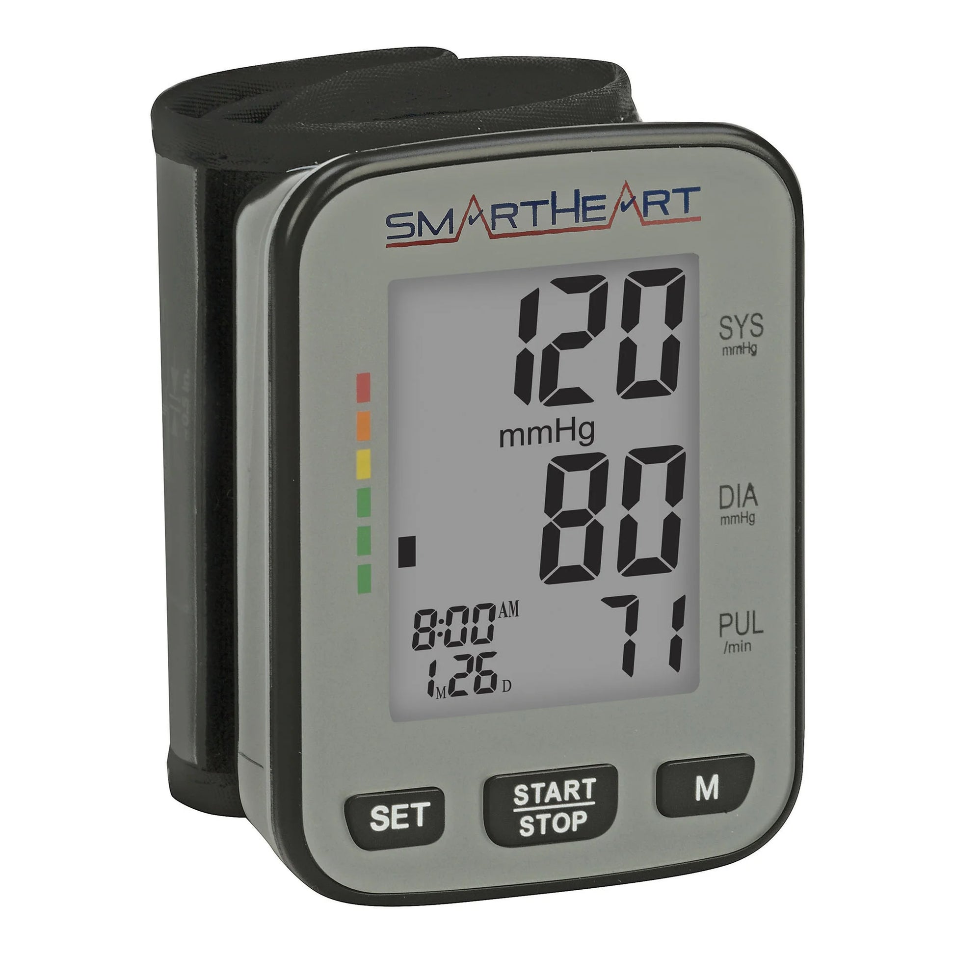 Blood pressure monitor with digital display on a white background