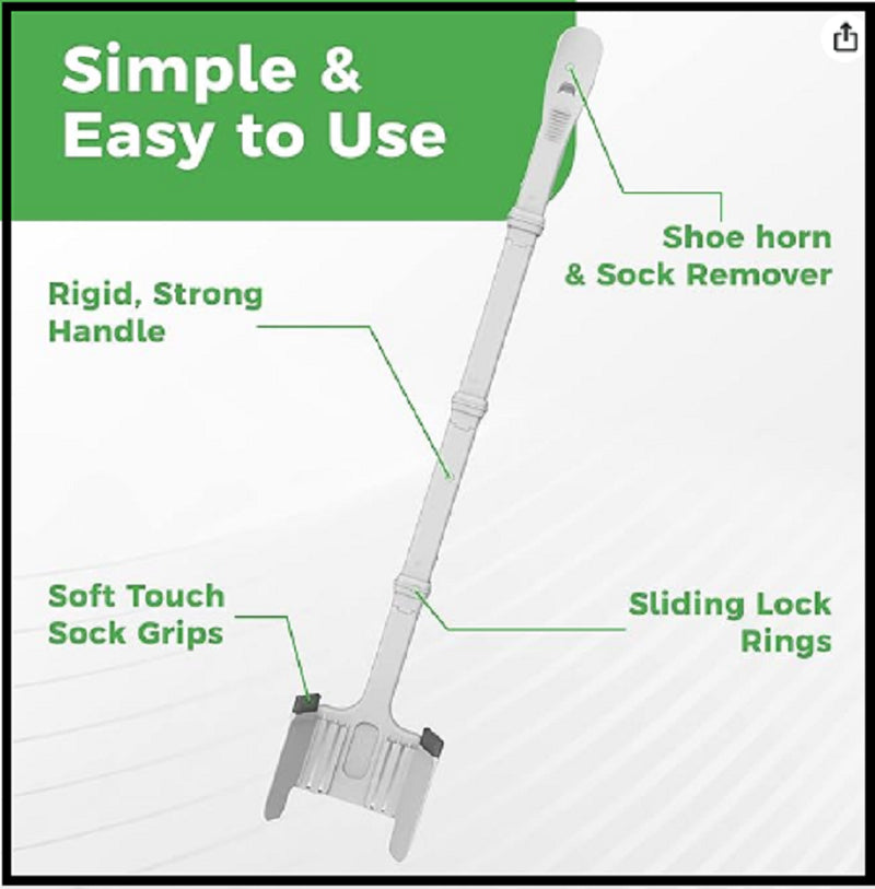 Shoe horn and sock remover with features highlighted on a green and white background