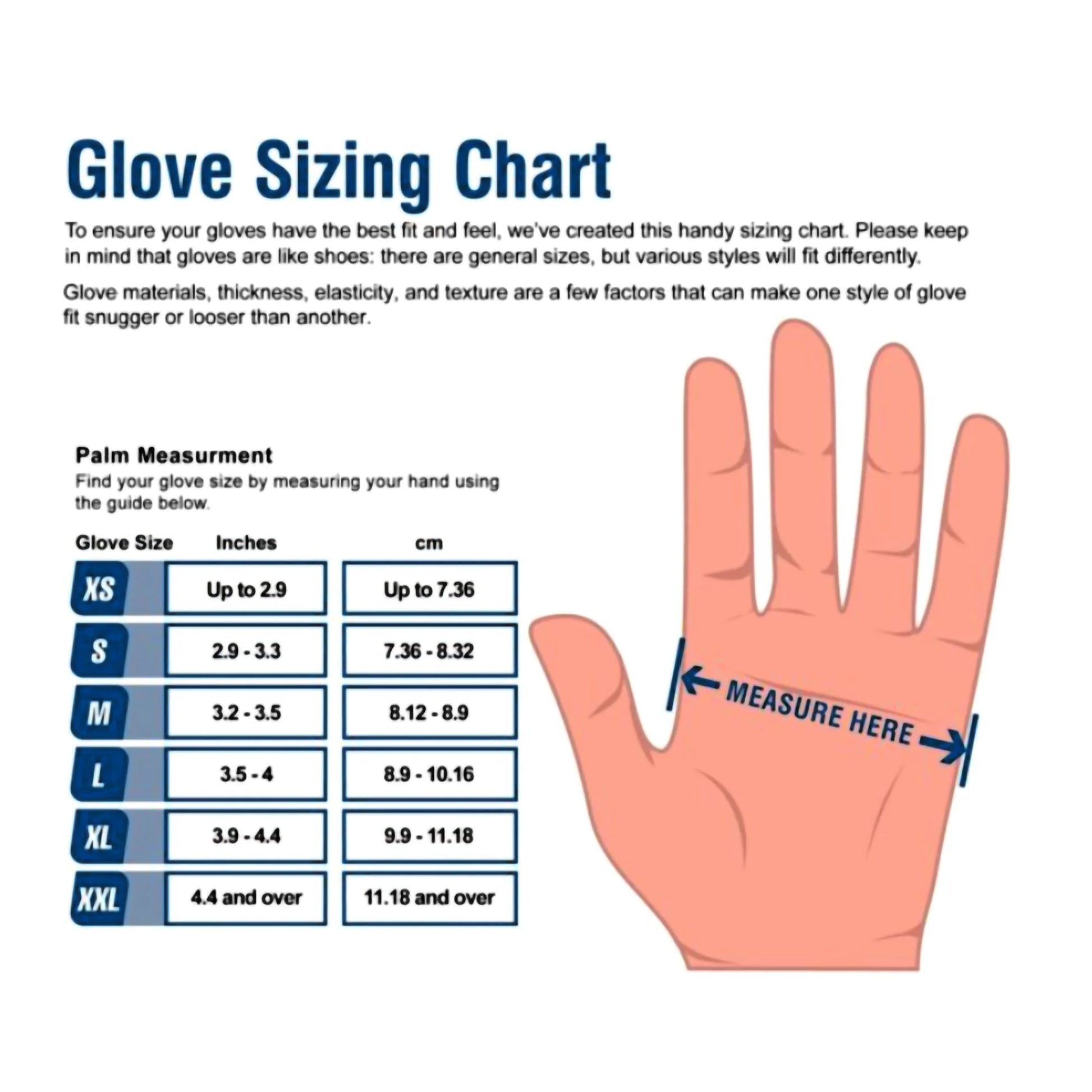 Glove sizing chart with hand measurement guide