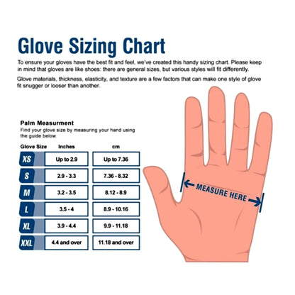 Glove sizing chart with hand measurement guide
