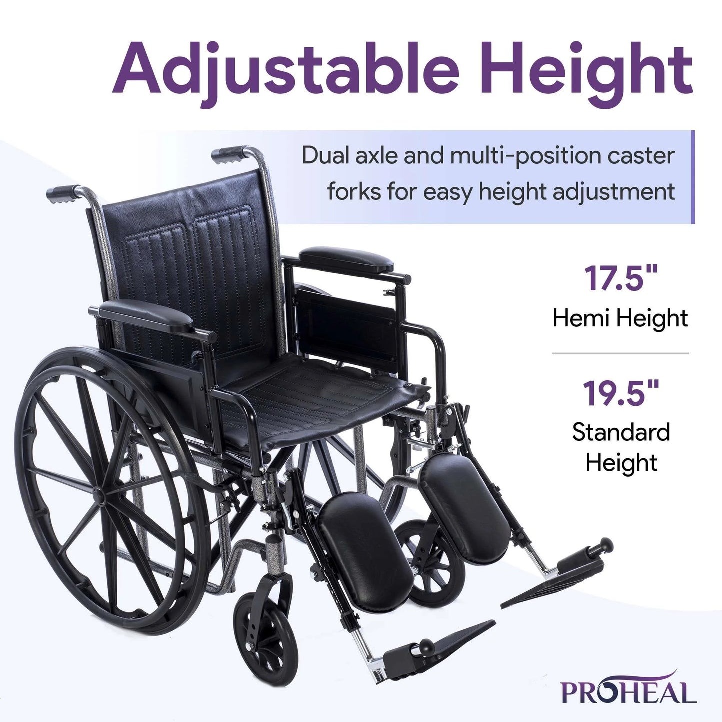 Wheelchair with adjustable height features on a white background, including text about dual axle and multi-position caster forks.


