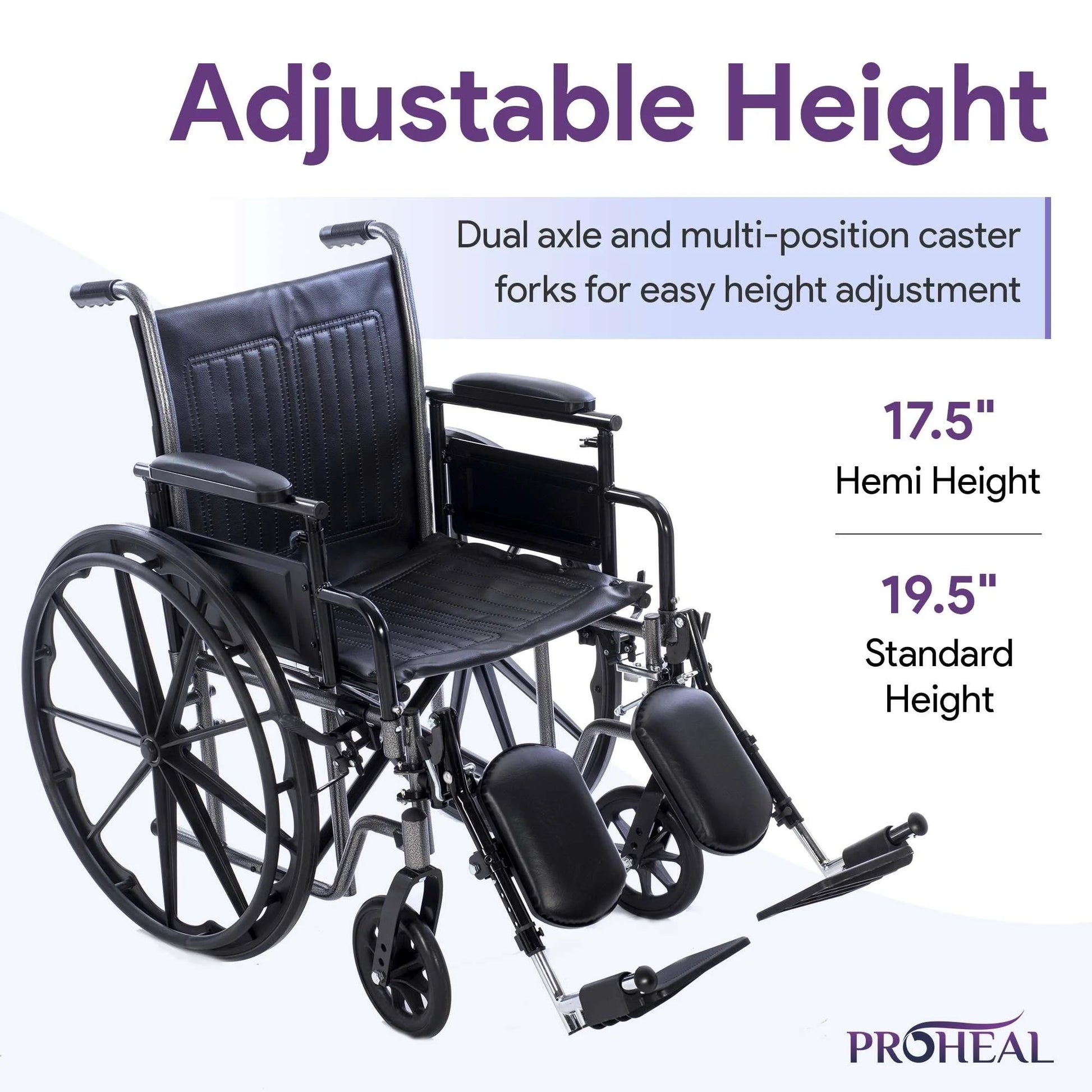 Wheelchair with adjustable height features on a white background, including text about dual axle and multi-position caster forks.

