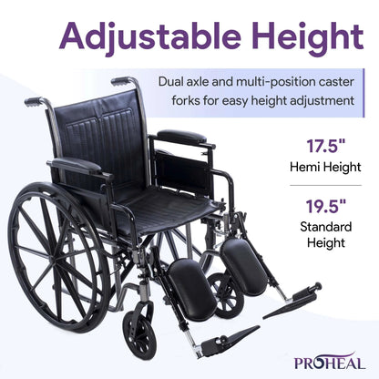 Wheelchair with adjustable height features on a white background, including text about dual axle and multi-position caster forks.


