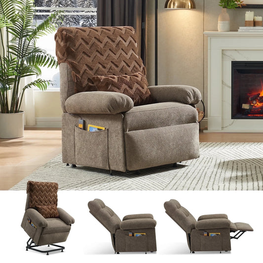 Brown recliner chair in a living room setting with a fireplace and plants.