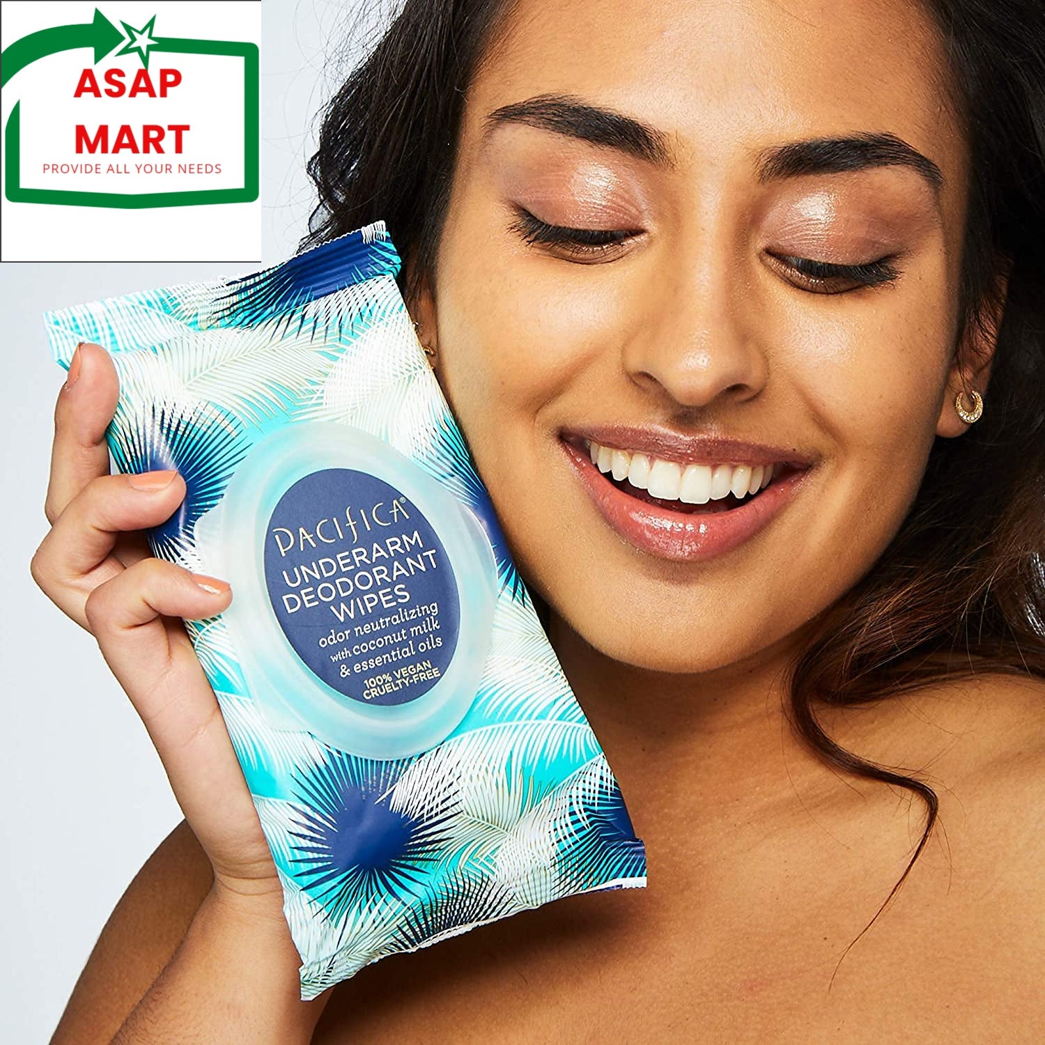 Woman holding Pacifica underarm deodorant wipes with ASAP Mart logo in the corner