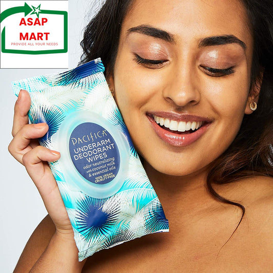 Woman holding Pacifica underarm deodorant wipes with ASAP Mart logo in the corner
