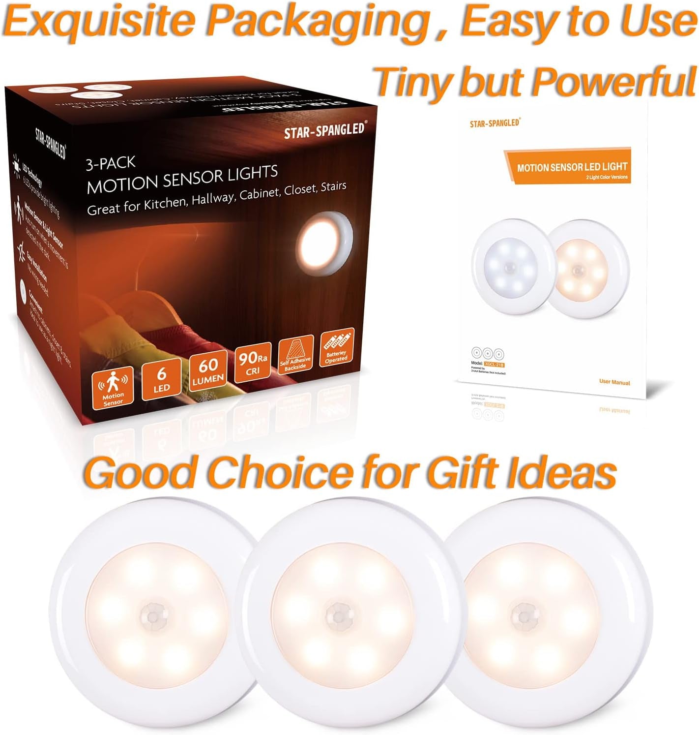Star-Spangled motion sensor lights packaging with three lights displayed in front.

