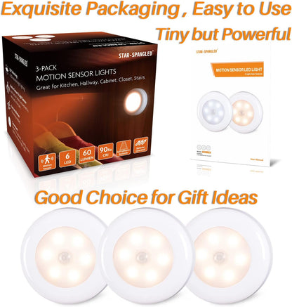 Star-Spangled motion sensor lights packaging with three lights displayed in front.

