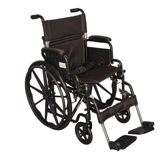 Black wheelchair with armrests and footrests on a white background

