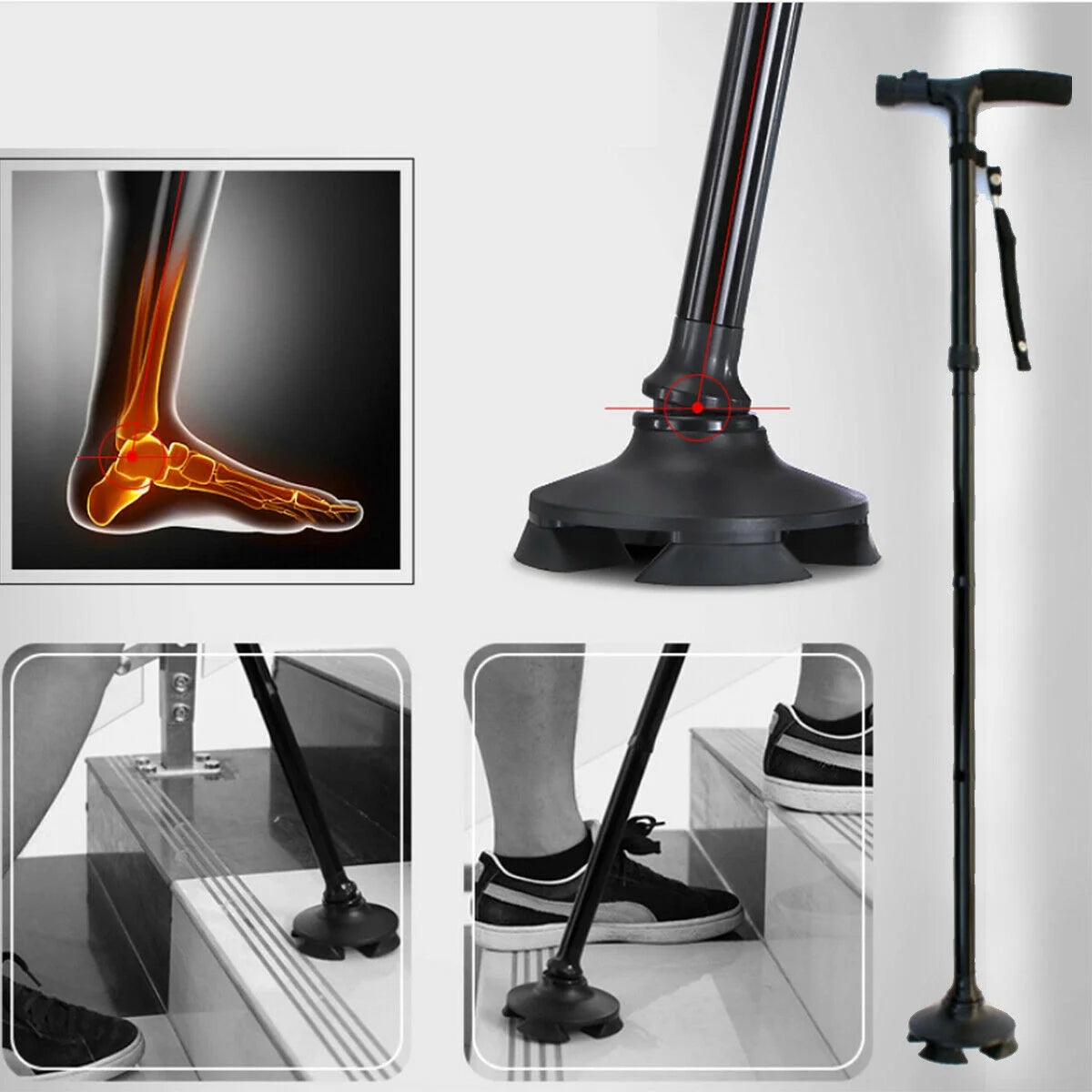 Collage of a walking cane with close-ups on joints and usage scenarios.

