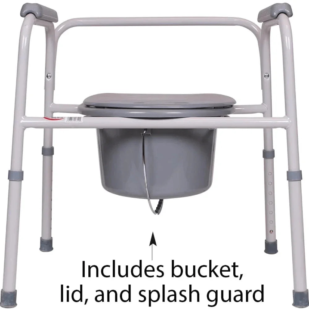 Carex 3-in-1 Bedside Commode packaging with product features and usage options for home health care.