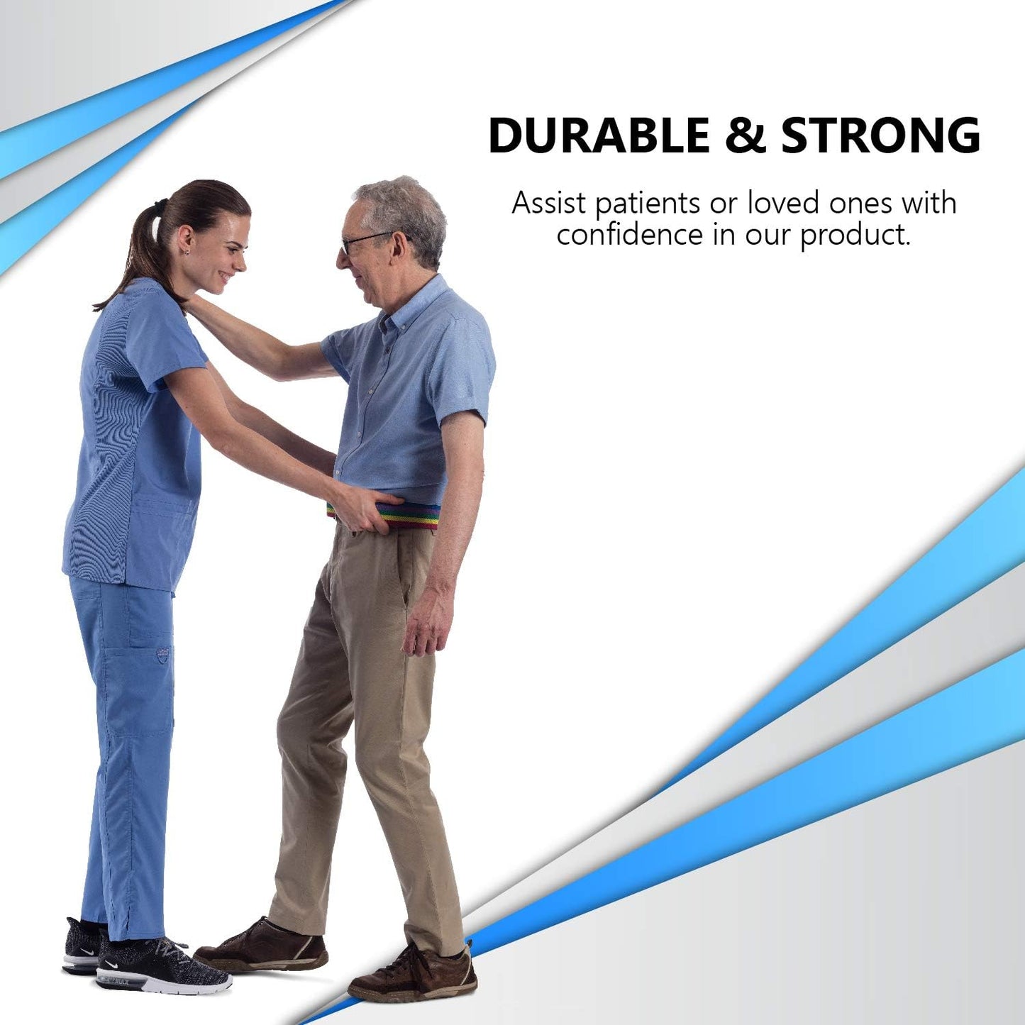 Person assisting another person with a product, set against a white background with blue accents.