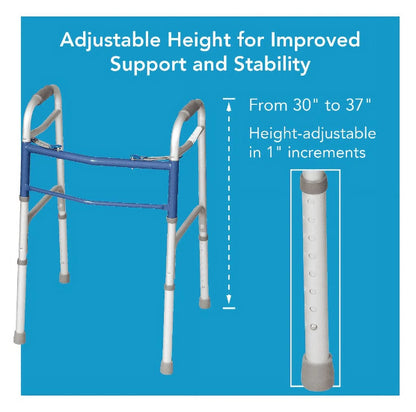 Adjustable height walker with text on a blue background


