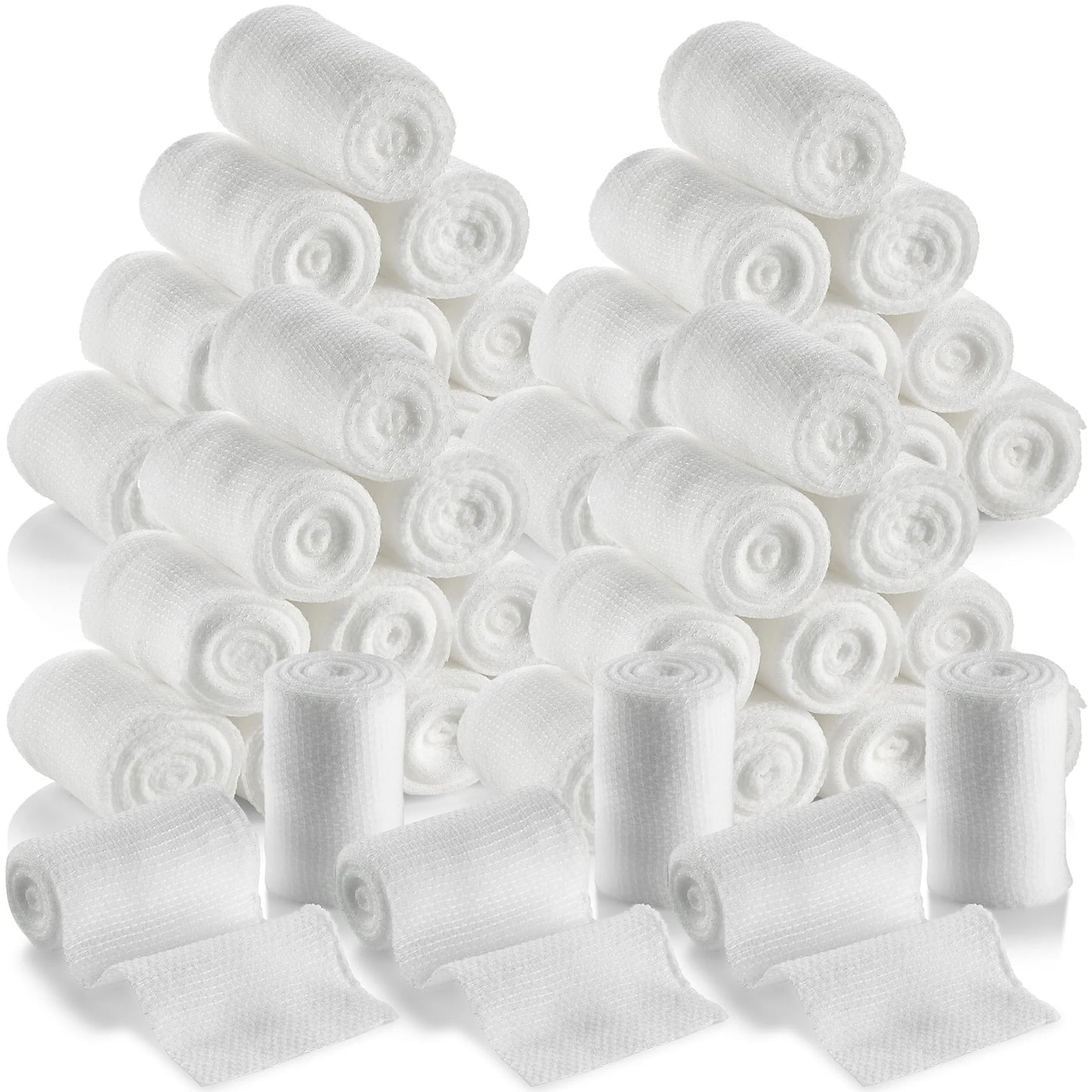 Multiple rolls of white bandage on a white background