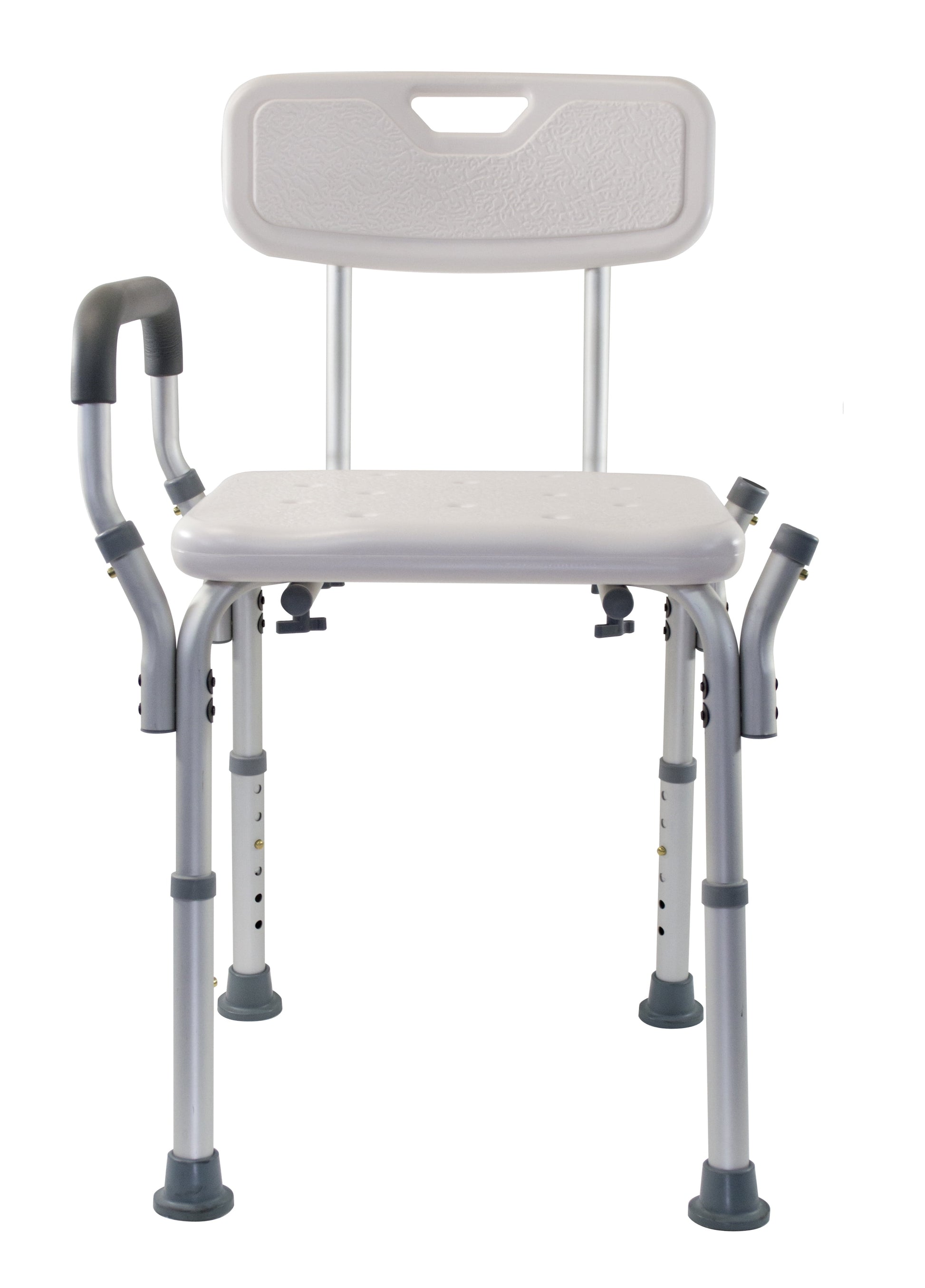 Medical shower chair with backrest and armrests on a white background

