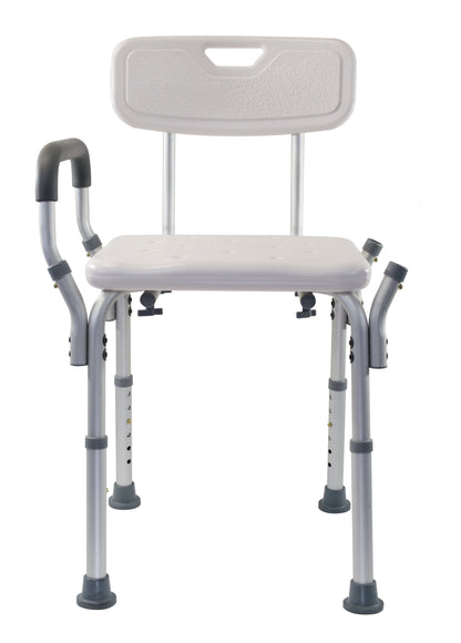 Medical shower chair with backrest and armrests on a white background

