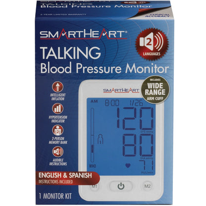 Box of SmartHeart Talking Blood Pressure Monitor with digital display on a white background