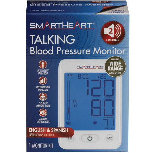 Box of SmartHeart Talking Blood Pressure Monitor with digital display on a white background