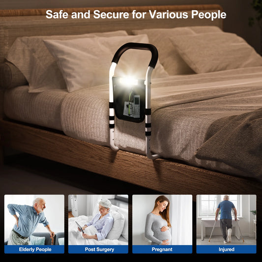 Bedside safety light with images of people in various situations on a bed.