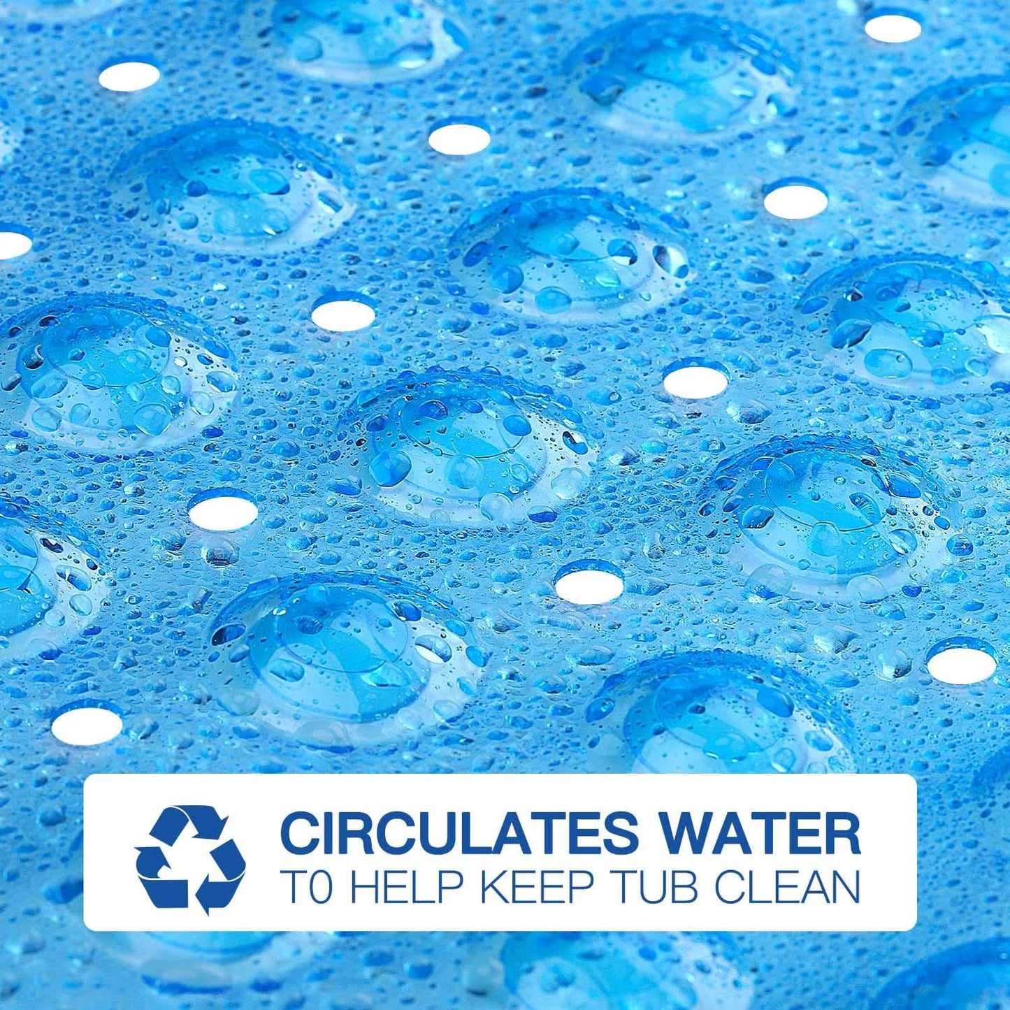 Blue textured surface with water droplets and a recycling logo, featuring text about water circulation.

