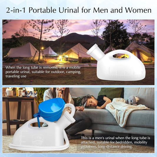 2-in-1 Portable Urinal for Men and Women with outdoor and indoor usage scenarios.

