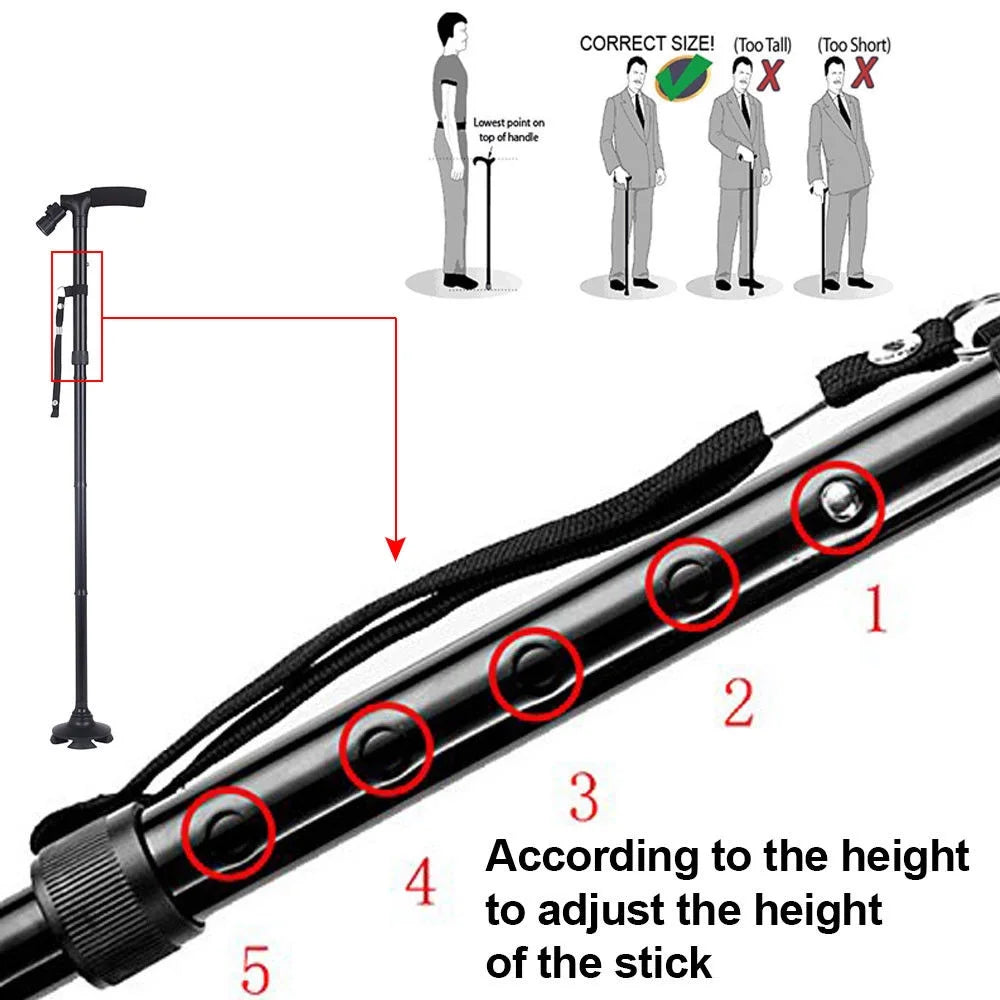 Adjustable walking stick with height measurement guide on a white background

