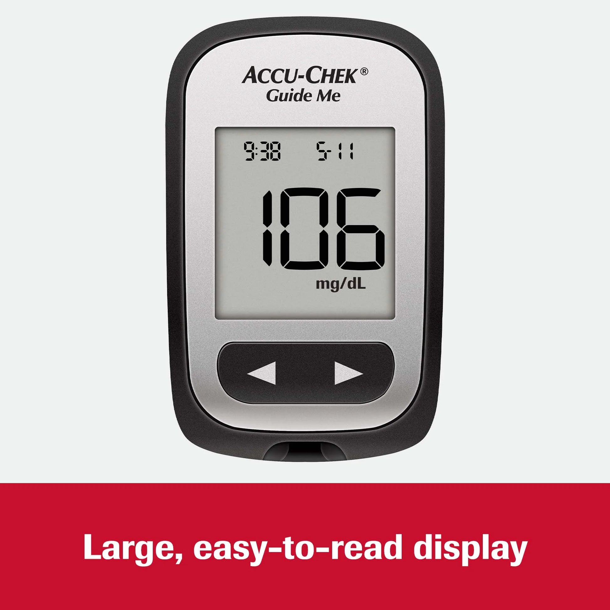 Accu-Chek Guide Me glucose meter on a light gray background with a red banner at the bottom.