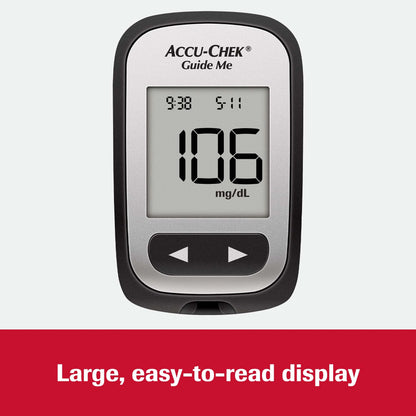 Accu-Chek Guide Me glucose meter on a light gray background with a red banner at the bottom.