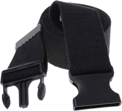 Black belt with a metal buckle on a white background

