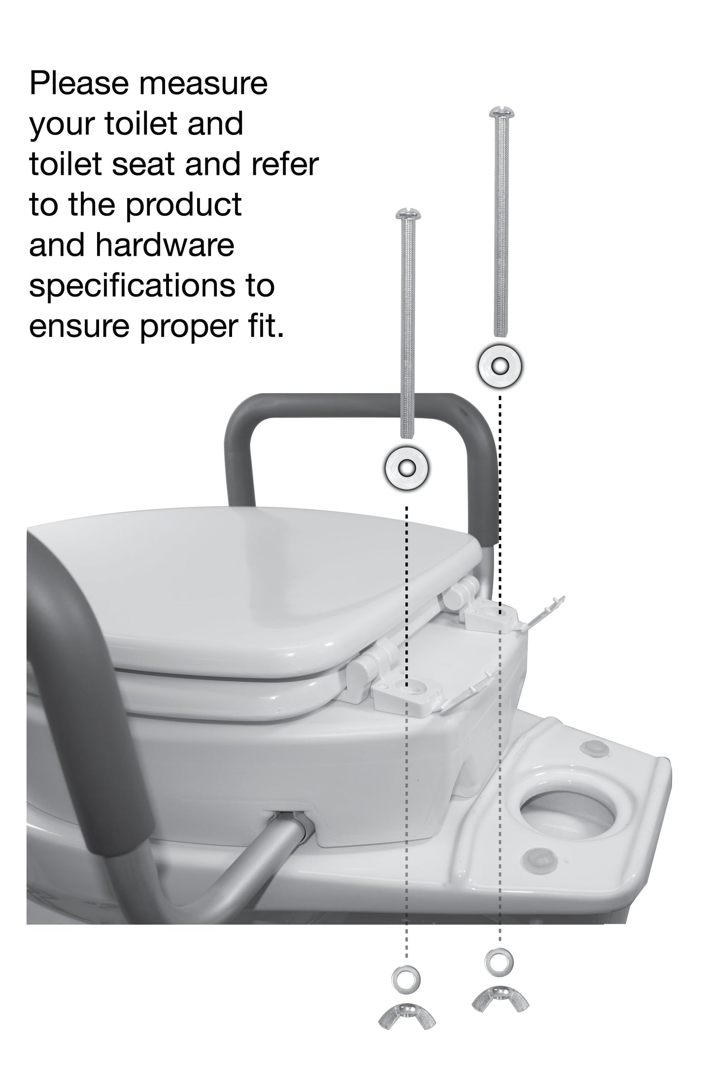Essential Medical Supply packaging for raised toilet seat with armrests. Features product specs and safety benefits.