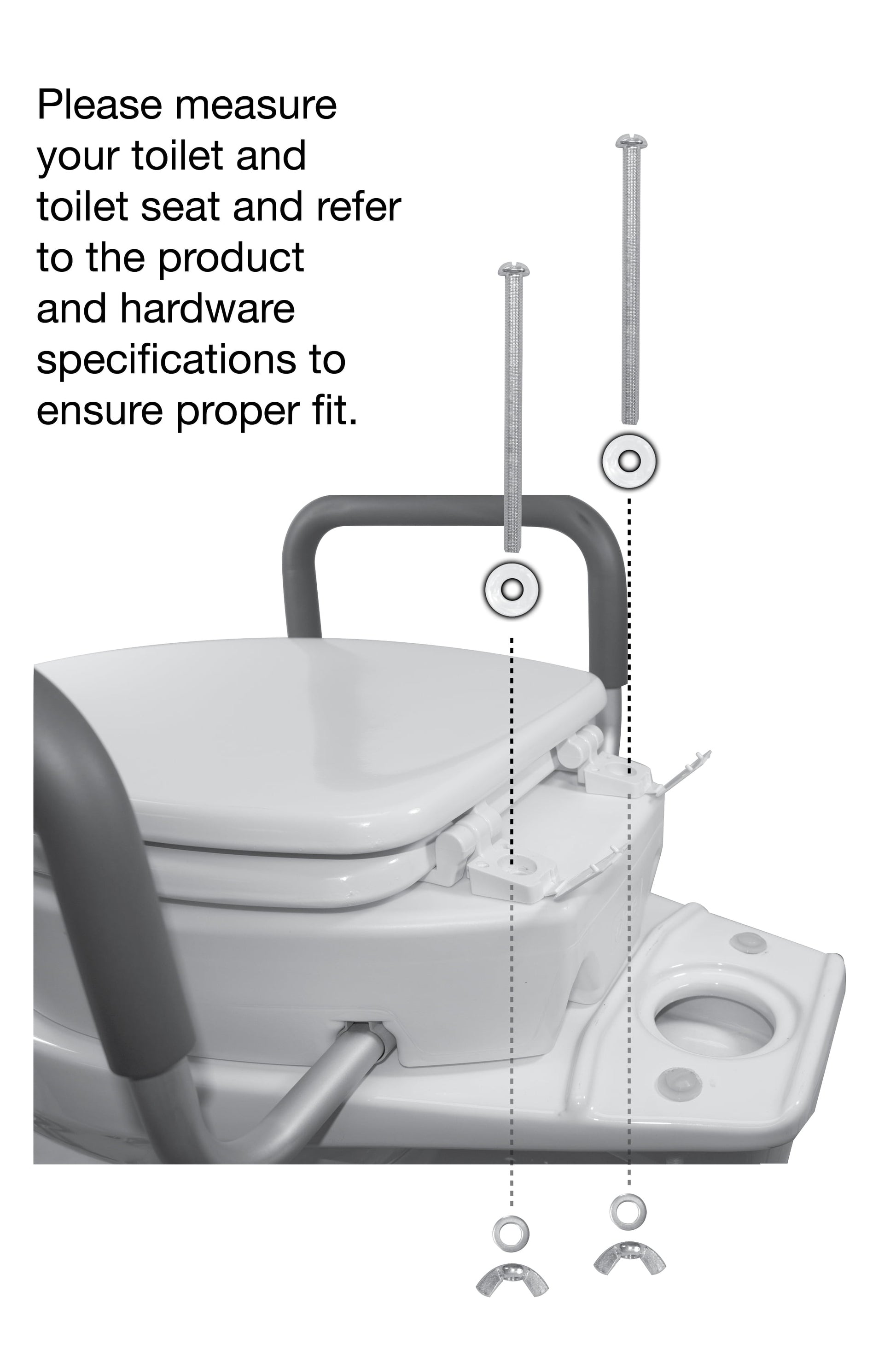 Essential Medical Supply packaging for raised toilet seat with armrests. Features product specs and safety benefits.