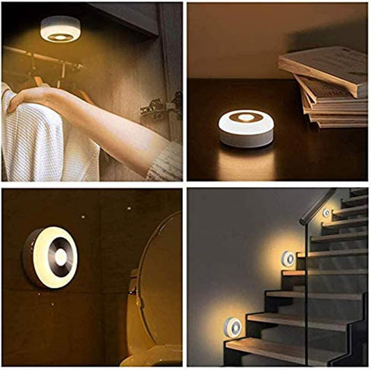 Collage of a round LED light fixture in various settings.


