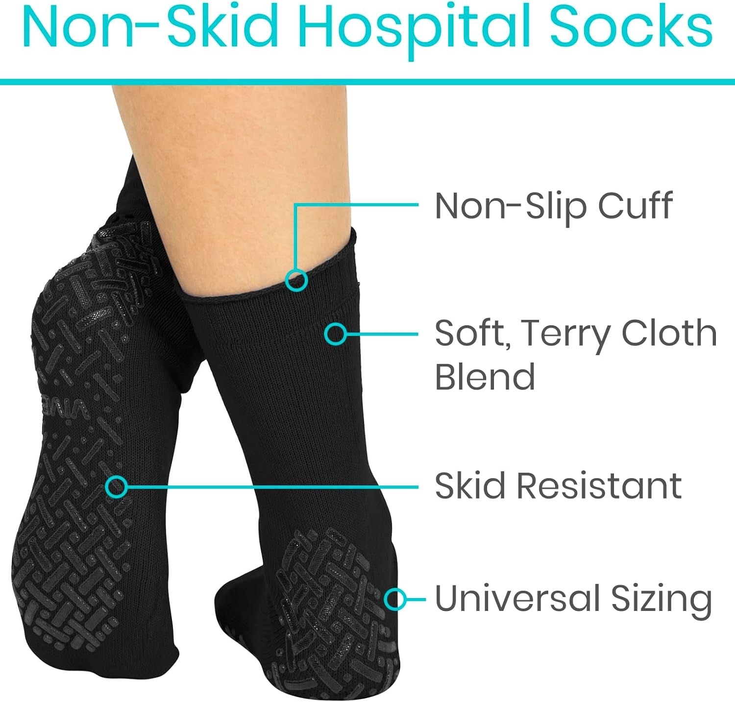 Black non-skid hospital socks with features highlighted on a white background