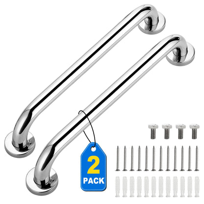 Two chrome grab bars with screws on a white background

