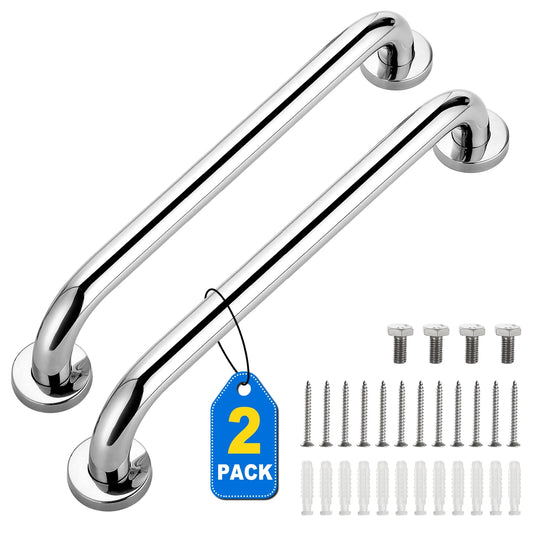 Two chrome grab bars with screws on a white background

