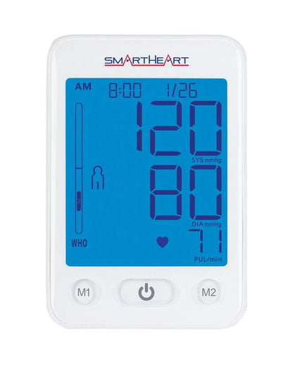 Blood pressure monitor with digital display on a white background