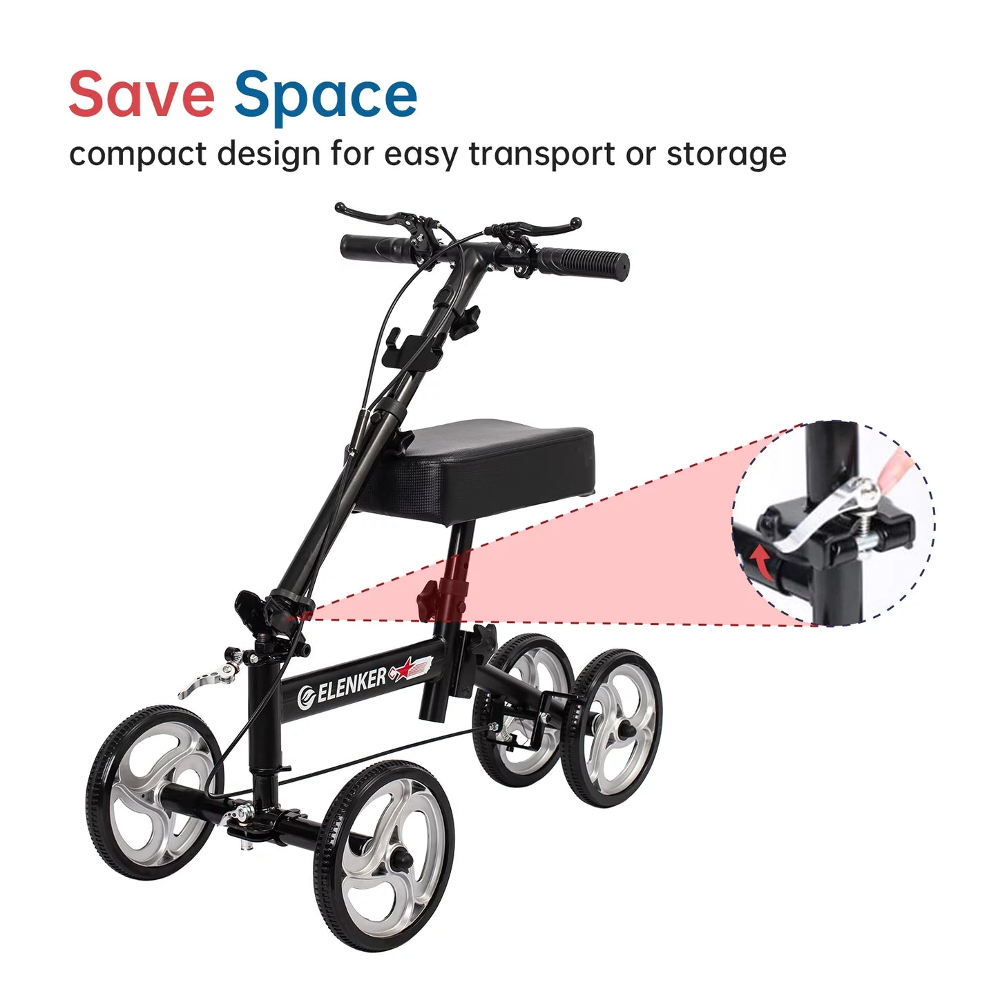 Compact knee scooter with handlebars and wheels, featuring the brand 'ELENKER'.

