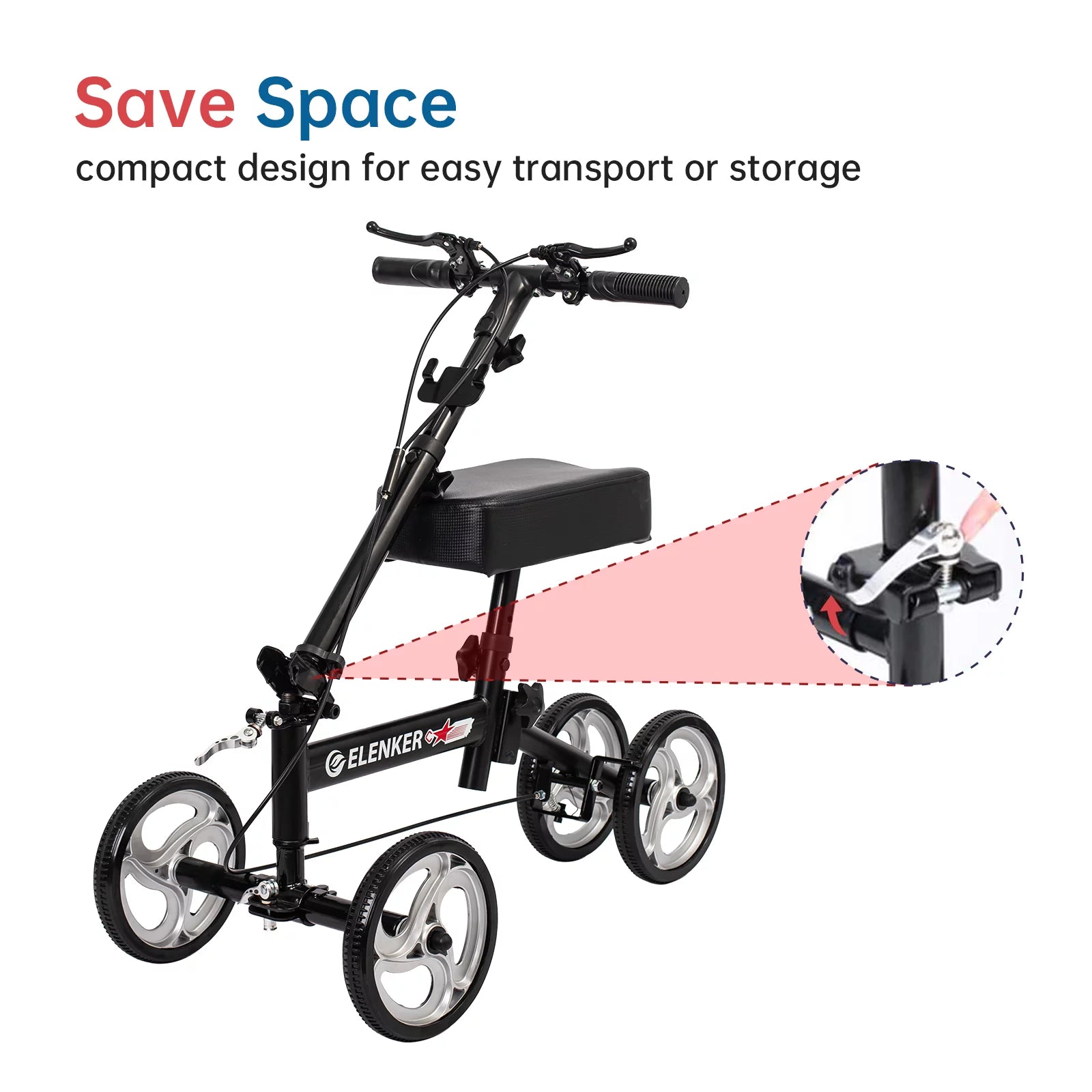 Compact knee scooter with handlebars and wheels, featuring the brand 'ELENKER'.

