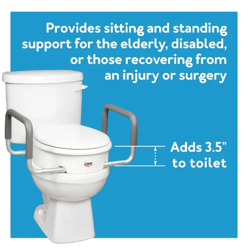 Carex toilet seat packaging with product features including 3.5-inch lift, padded handles, and 250 lb weight capacity.